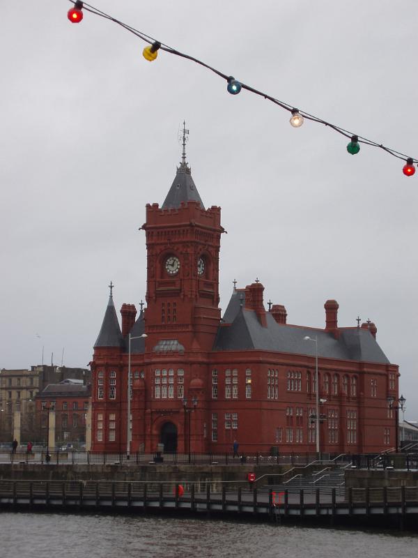 The Pierhead Building in Cardiff Bay Pierhead Building in Cardiff Bay, Wales. Captured on a Stormy Sky Background.