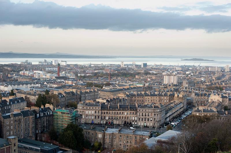 Sweeping view of the city of Edinburgh and the firth of forth (estuary) in the background