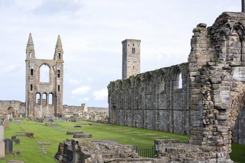 Old ruins with windows and doorway at front of Saint Andrews cathedral in Scotland