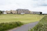 old course hotel and green grassy fairways on St Andrews golf course, Scotland in a panoramic landscape view