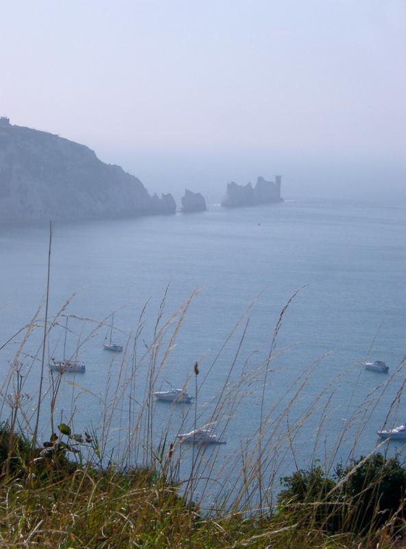 View of the Needles, Isle of Wight, a row of eroded chalk stacks rising out of the ocean