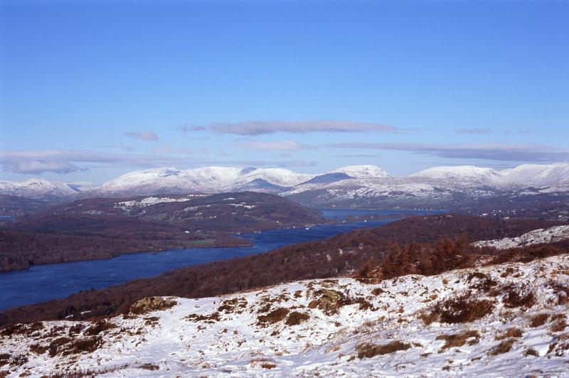 a view up windermere towards the town of windermere in winter