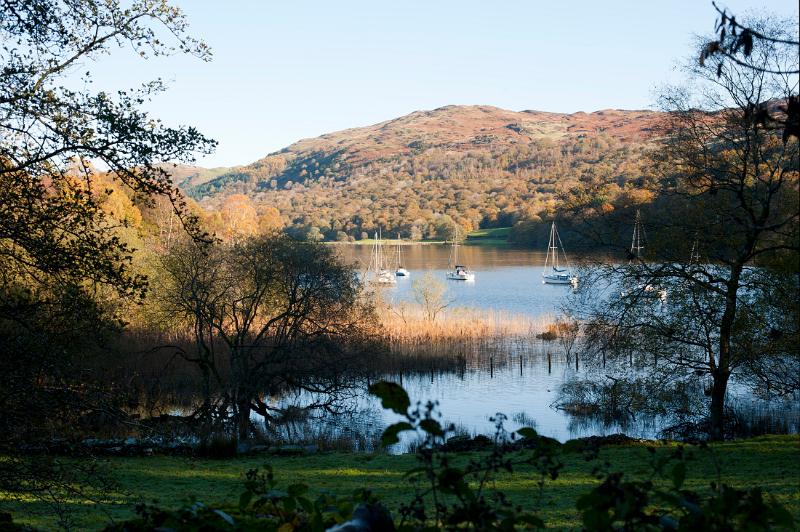 Scenic view through foliage of yachts moored in Coniston Water in Cumbria, the third largest lake in the Lake District