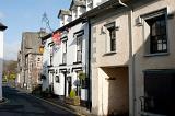 View from the street of the external facade of the Red Lion Inn in the village of Hawkshead in the Lake District in Cumbria