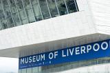 Large overlook with tall glass windows above sign for the Museum of Liverpool in the United Kingdom
