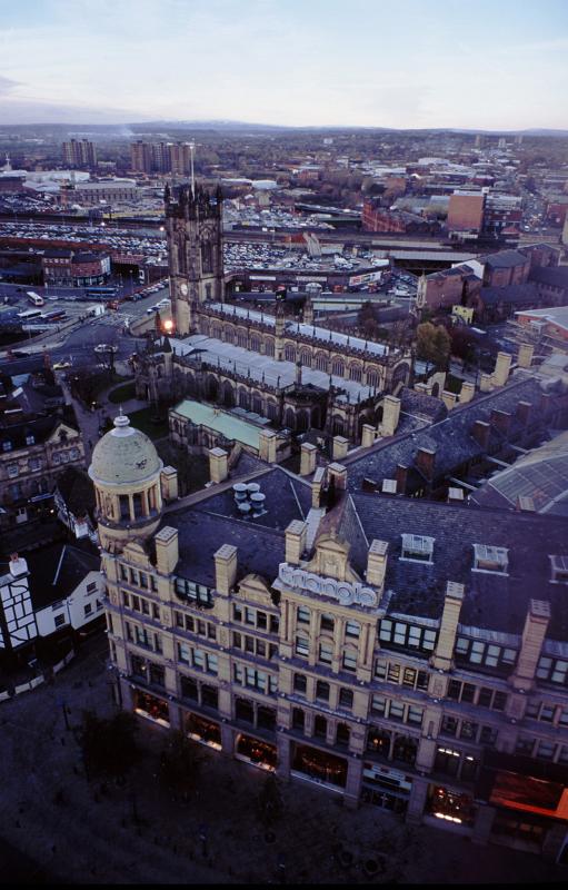 Aerial view of Manchester city centre with its historical architecture at dusk looking towards the skyline