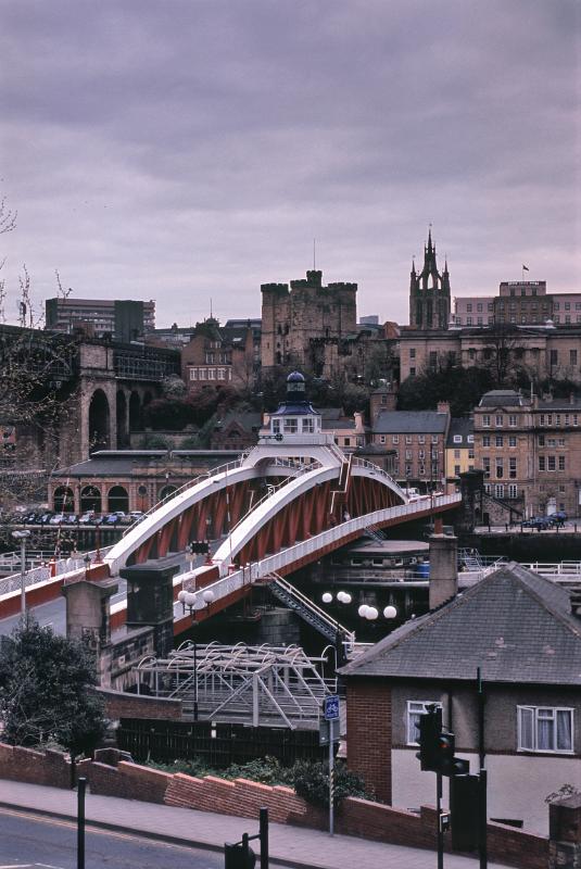 Swing Bridge Across the River Tyne between Newcastle upon Tyne and Gateshead in North East England. Captured with Vintage City Buildings Afar.