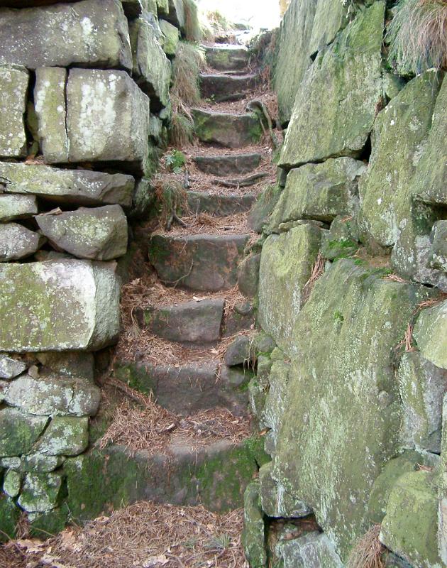 Narrow natural stone steps on a footpath leading between two old weathered drystone walls covered in green mold and moss