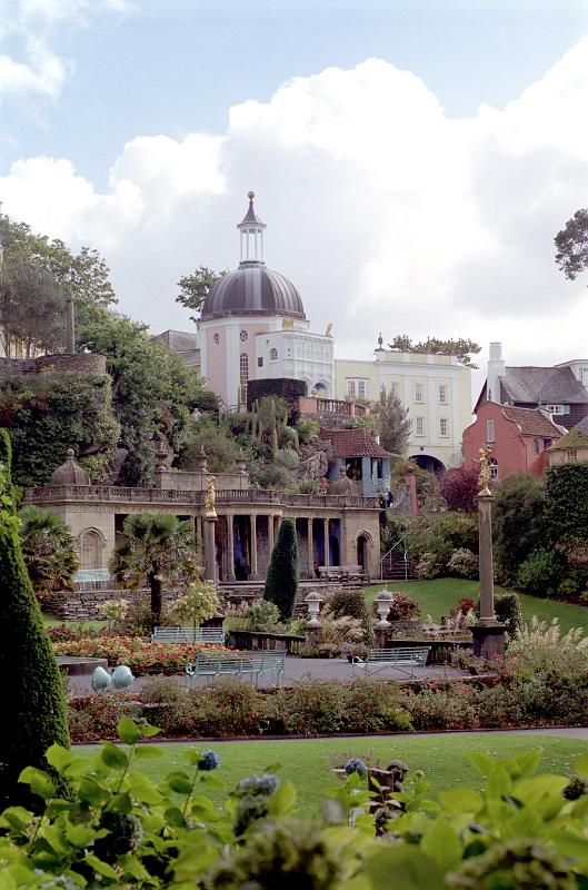 Scenic view of the architecture in Portmeirion, a village in North Wales modelled on an Italian town and a popular tourist attraction