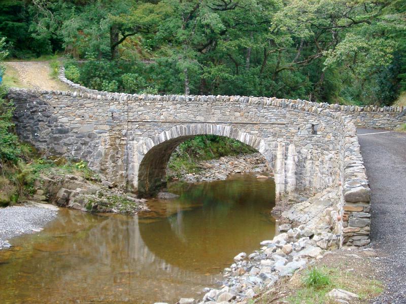 Narrow Stone Arch Bridge Crossing Over River Through Forest