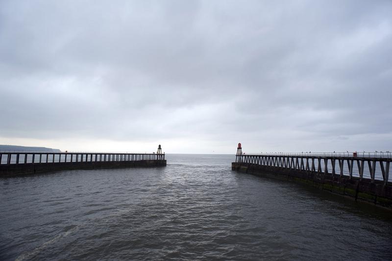 the two large breakwaters on the end of the harbour piers at whitby