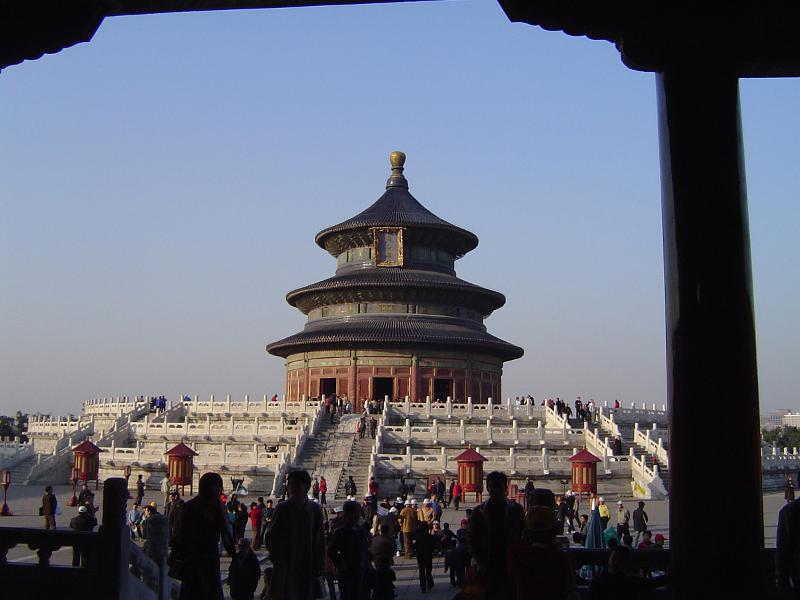 Random Tourists at Famous Temple of Heaven in China, the Hall of Prayer for Good Harvests, on Lighter Blue Sky Background.