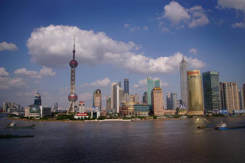 Various Beautiful Chinese Structures Along Shanghai River in China. Captured in Panoramic View.