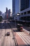 No Traffic City Streets For Cars and Trams in Hong Kong China with High Rise Architectural Buildings on the Sides.