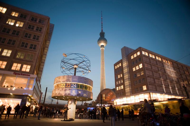 landmarks in alexanderplatz, berlin, the fernsehturm and the  Weltzeituhr world clock