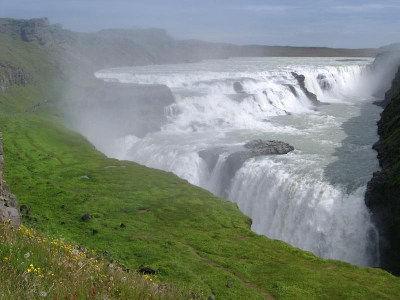 Overview of Gullfoss Falls and Mist in Iceland on Sunny Day