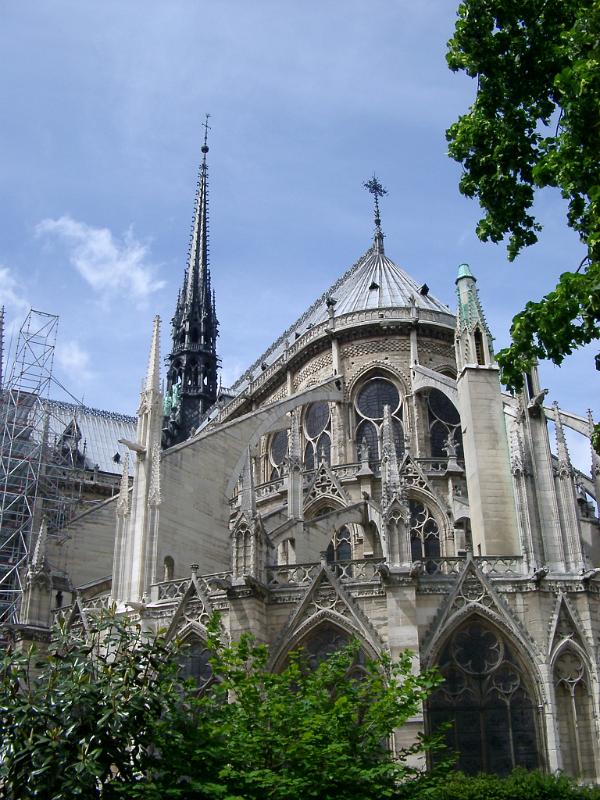 Exterior of Notre Dame Cathedral in Paris, France with Blue Sky