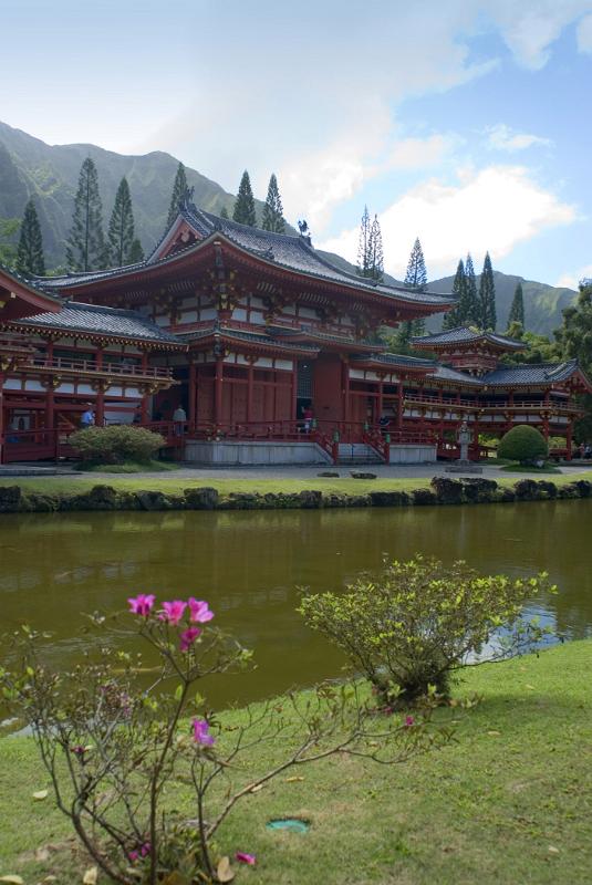 Byodo-In Buddhist Temple Byodo-In Buddhist Temple, a replica Japanese temple for worship in the lush Hawaiian landscape, viewed across a tranquil pond