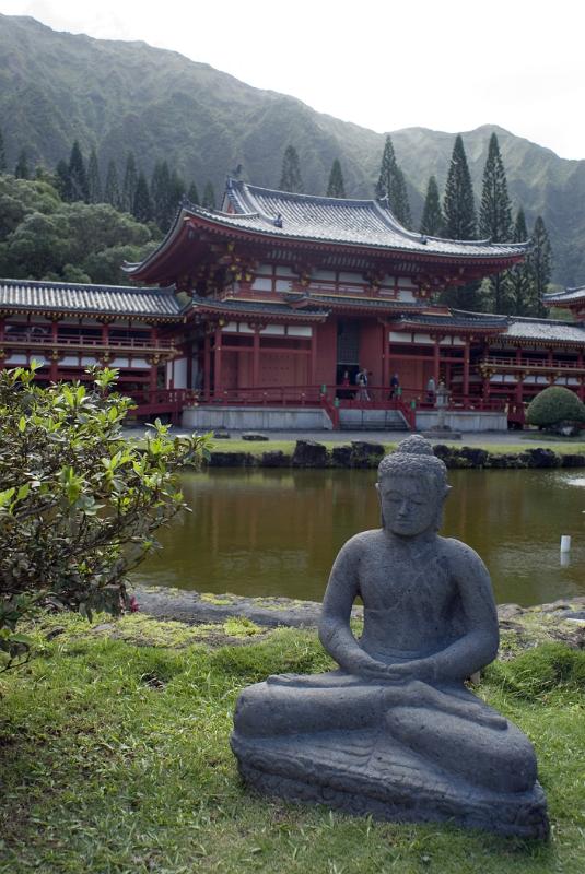 Vintage Sculpture at Byodo-In Buddhist Temple Vintage Sculpture at the Garden Water Side of Famous Byodo-In Buddhist Temple in Hawaii.