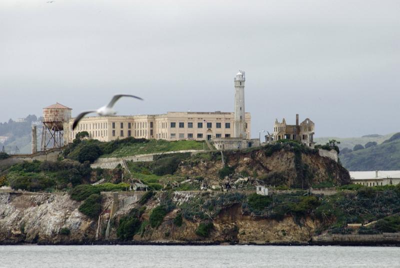 View of the island and impenetrable prison on Alcatraz Island in San Francisco bay, now a popular tourist destination