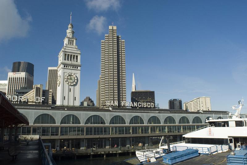 Famous Old Vintage Embarcadero Building in San Francisco, USA. Isolated on Light Blue Sky Background.