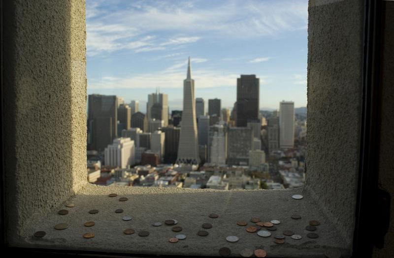 Coit Tower Coins thrown for good luck through the window overlooking the central CBD of San Francisco