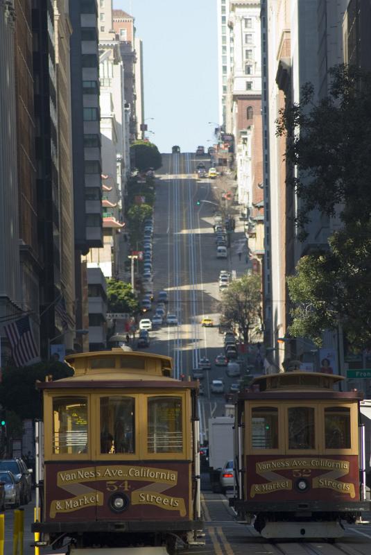 Trams passing each other in Nob Hill Trams passing each other on a steep urban street in Nob Hill,an affluent neighbourhood of San Francisco, California, USA