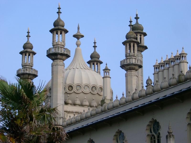 Famous Architectural Exterior Design, Emphasizing Dome, of Royal Pavilion Building in Brighton, England, United Kingdom. Captured on the Afternoon with Light Blue Sky Background.