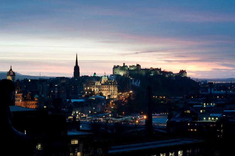 City of Edinburgh at sunset looking towards the Edinburgh Rock and Castle