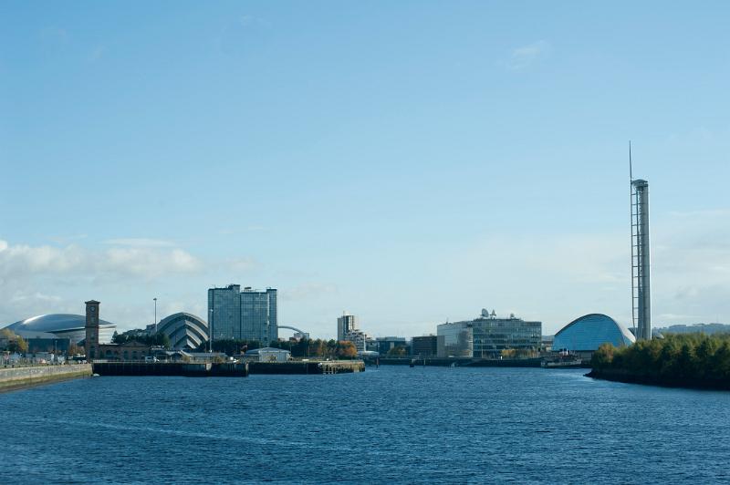 View looking up river of the Glasgow Clydeside skyline with the Princes dock development including the IMAX cinema, SECC and Glasgow tower