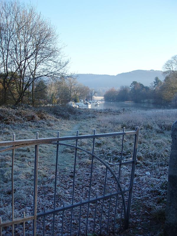 frosty winter morning at newby bridge looking out across the end of windermere