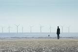 Row of multiple giant wind power turbines in background of Antony Gormley statue in Crosby, United Kingdom