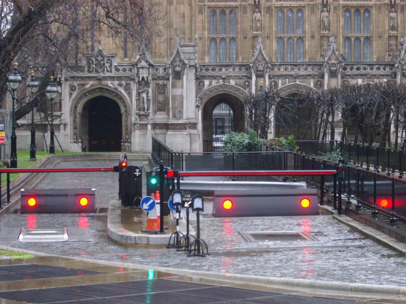 Security barricades and gate outside the Houses of Parliament in London