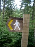 Walking sign for a woodland trail with the silhouette of a man walking and a left pointing arrow indicating the direction against a background of leafy green trees