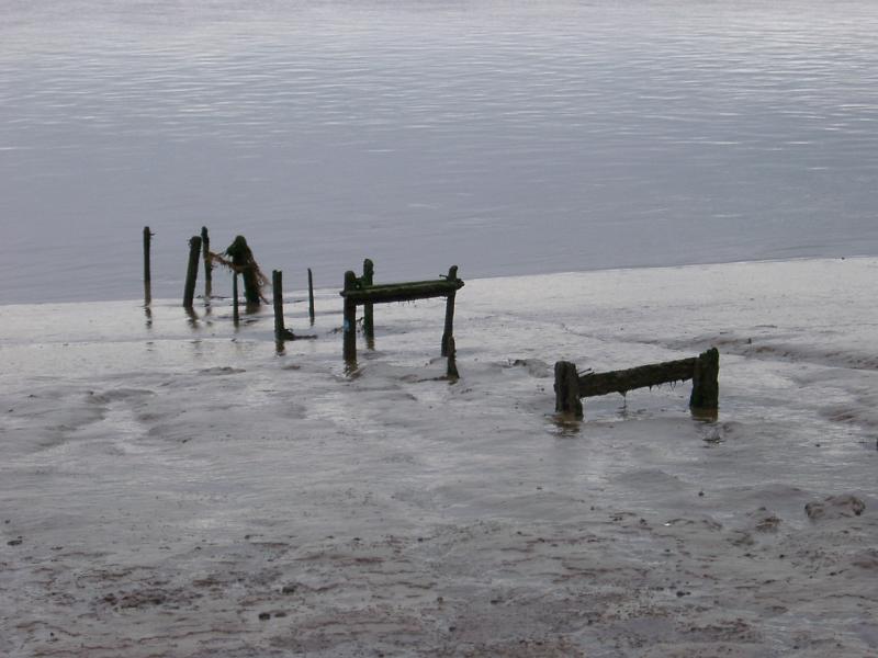 Atmospheric background view of an estuary beach with the old remnants of wooden posts sticking up out of the sand at the waters edge