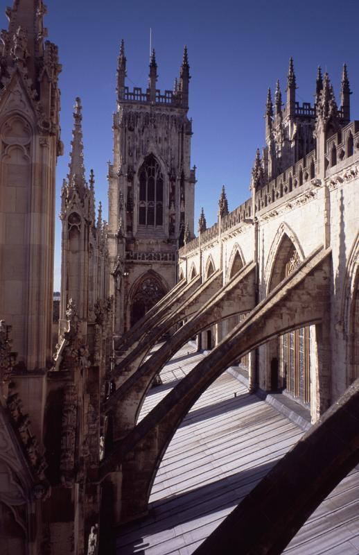 Flying Buttresses at Famous Historic York Minister Cathedral with Architectural Design, Located in York, England.
