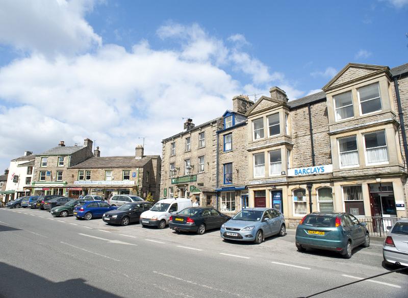 shops along the main street of hawes, wensleydale, yorkshire dales national park