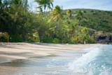 Surf breaking on a deserted tropical sandy beach fringed with palm trees and hills