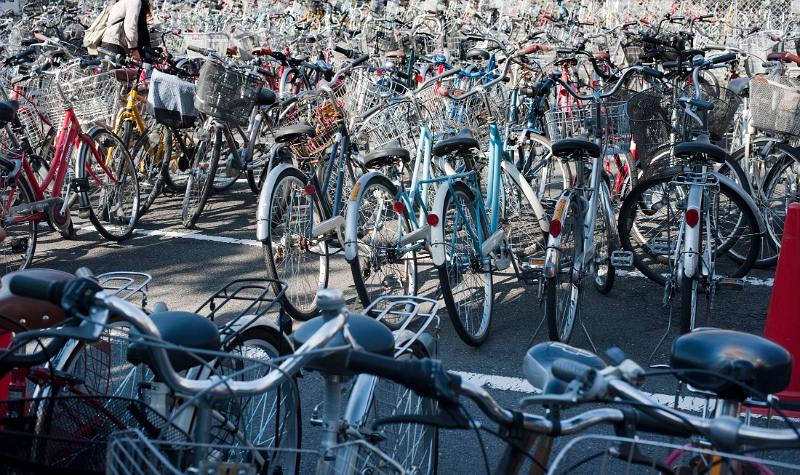 Hundereds of bicycles parked in a Kyoto bicycle park