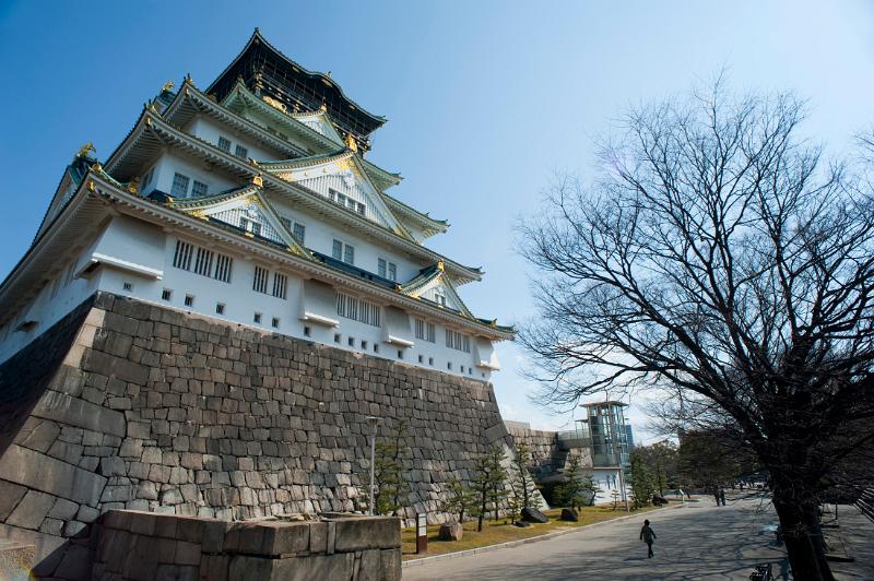 Wide angle view of the base and main tower of Osaka Castle, Osaka, Japan