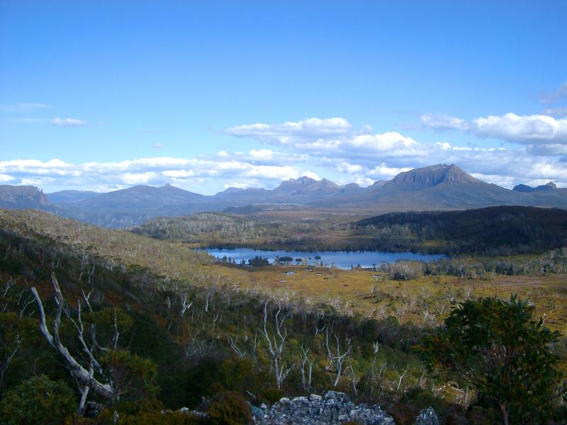Scenic view of Lake Windermere, Tasmania from an overland track with distant mountain ranges