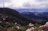 View from Mount Wellington, Tasmania over the surrounding countryside and Derwent Estuary with the city of Hobart