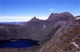 Scenic view of Cradle Mountain Tasmania and the surrounding rugged mountain peaks in the highlands in the heart of Cradle Mountain-Lake St Clair National Park