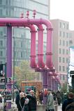 pink water pipes pump water from construction sites around berlin