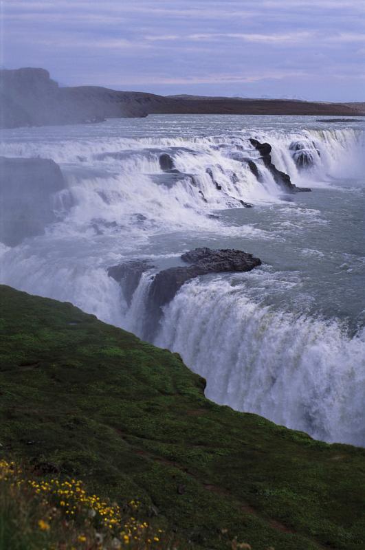 Overview of Rushing Water of Hvita River over Gullfoss Falls in Iceland