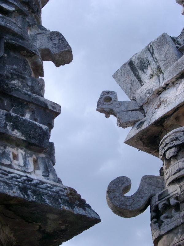 Carvings on the Mayan buildings at Chitzen Itza, an important archaeological site in the Yucatan Peninsula in Mexico featuring Mayan ruins