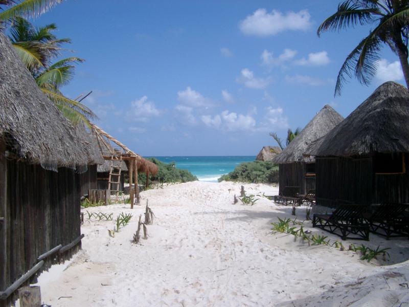 Picturesque view of traditional quaint thatched huts in a Mexican resort with a path across golden beach sand leading past tropical palm trees to the blue ocean