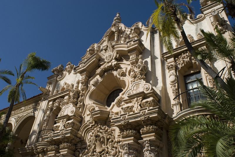 Famous Historic Architectural Structure at Balboa Park San Diego with Palm Trees In Front. Isolated on Blue Sky Background.