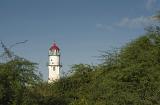 View across green vegetation of the lamp and tower of the Diamond Head Lighthouse, Honolulu, Hawaii