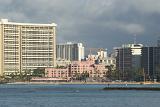 High Rise Architectural Resort Hotels and Business Buildings on Stormy Sky Background.